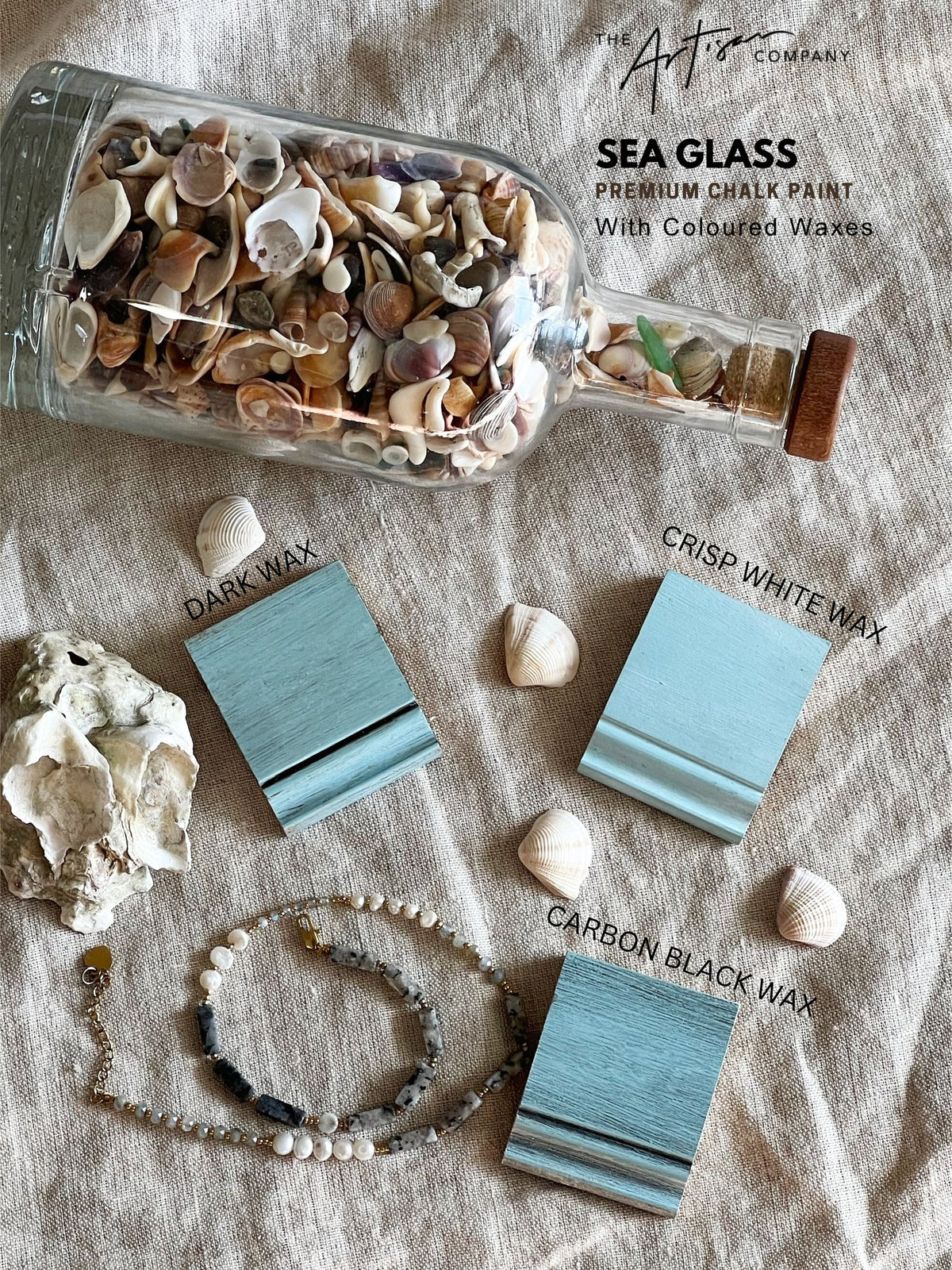Sea glass premium chalk paint with colored waxes displayed on a textured surface.