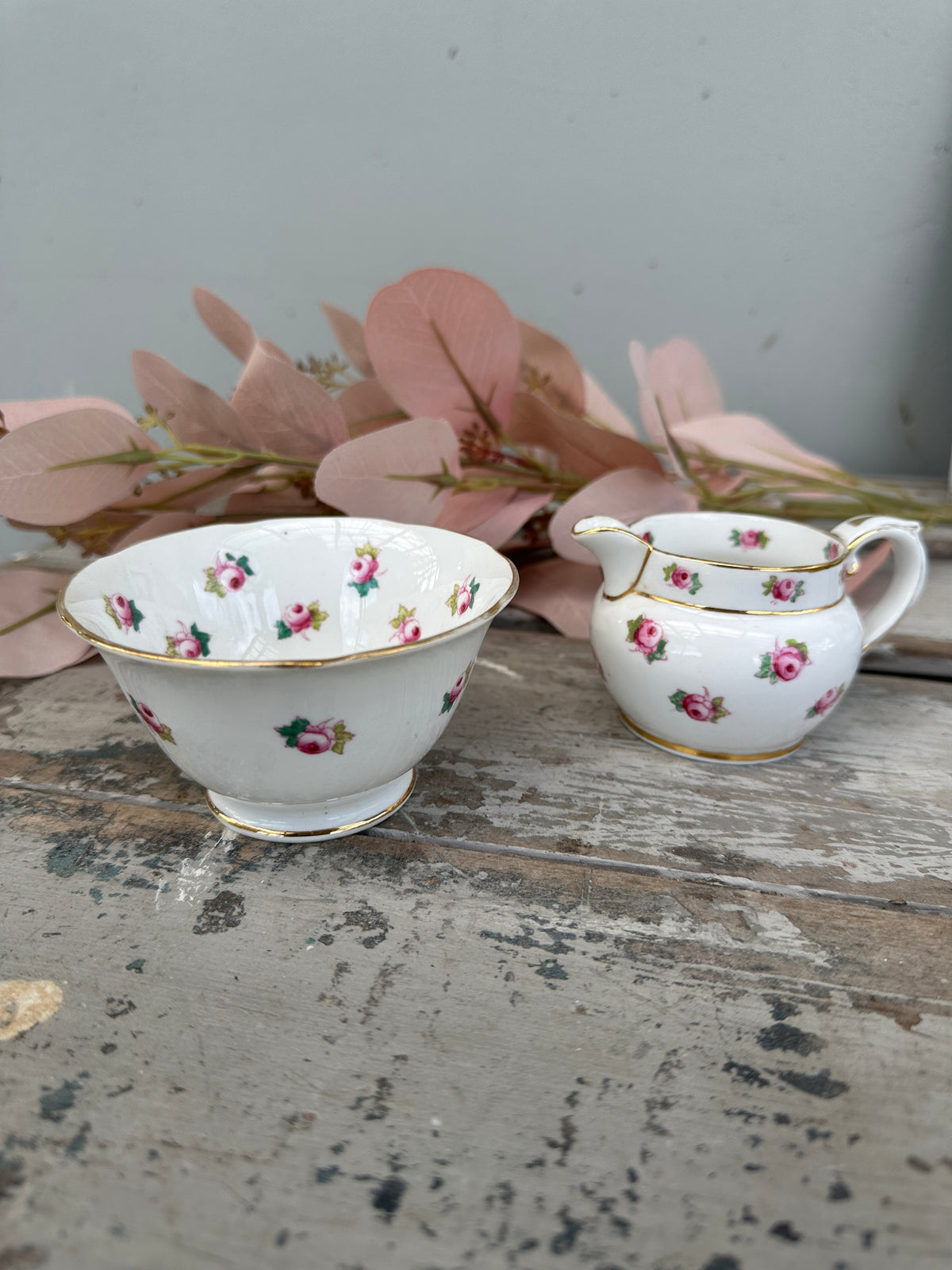 Pink rosebud set sugar bowl and jug Made in England
