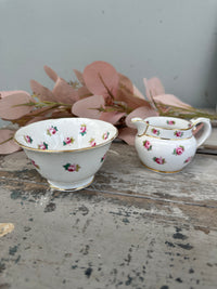 Pink rosebud set sugar bowl and jug Made in England