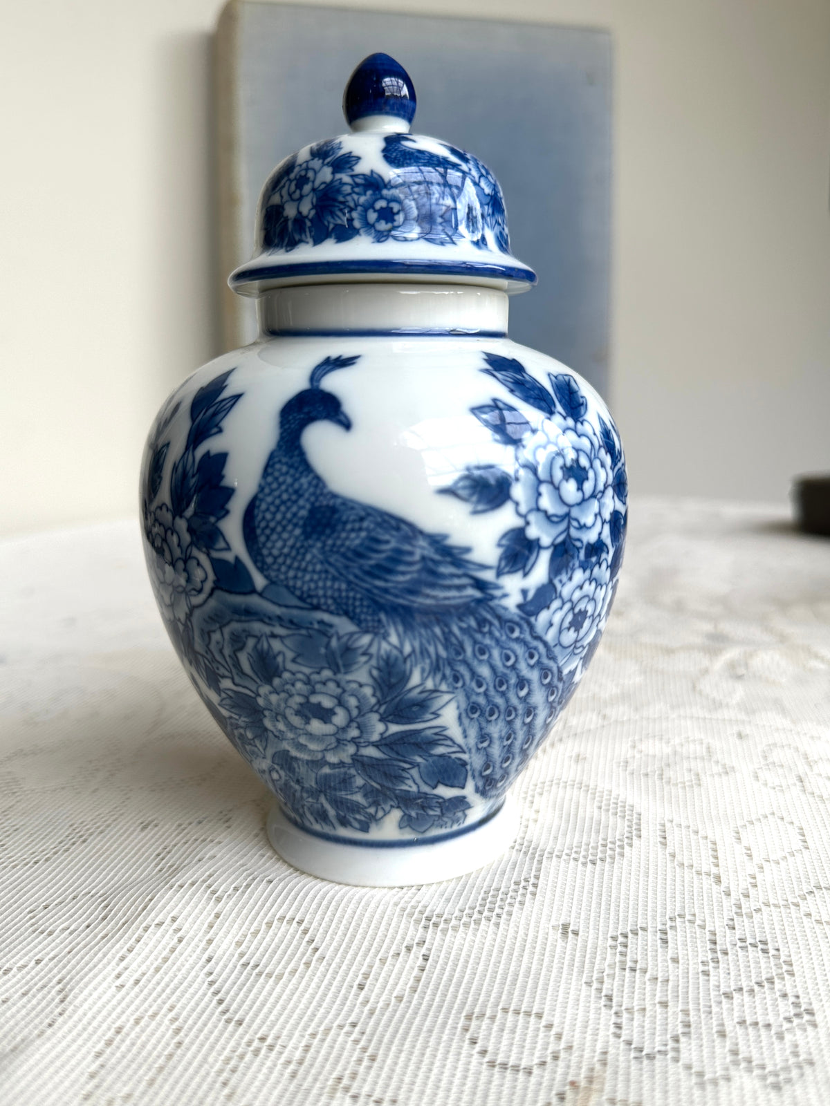 Blue & White Ginger jar w Peacock