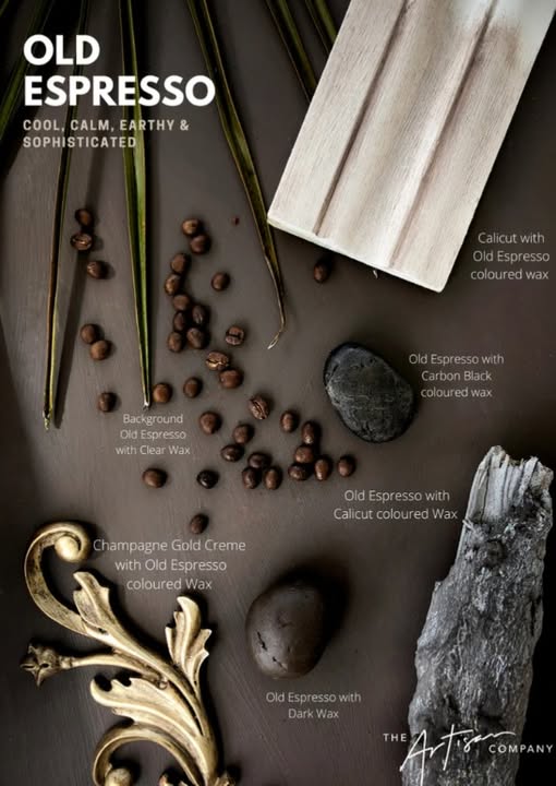 Product display with 'Old Espresso' wax and decorative elements on a dark background.