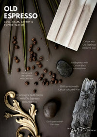 Product display with 'Old Espresso' wax and decorative elements on a dark background.