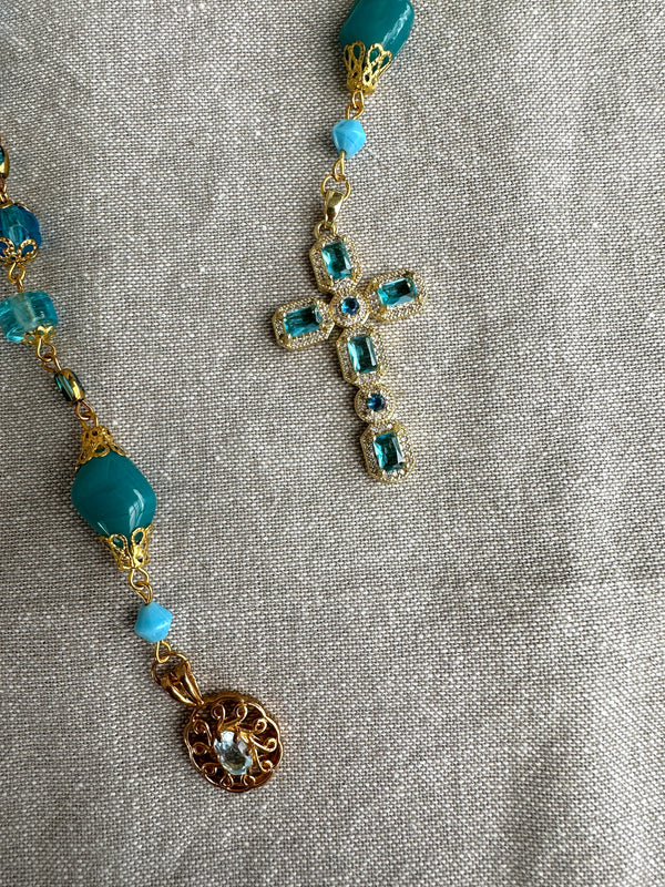 Decor prayer beads Green/Blue with Turquoise cross