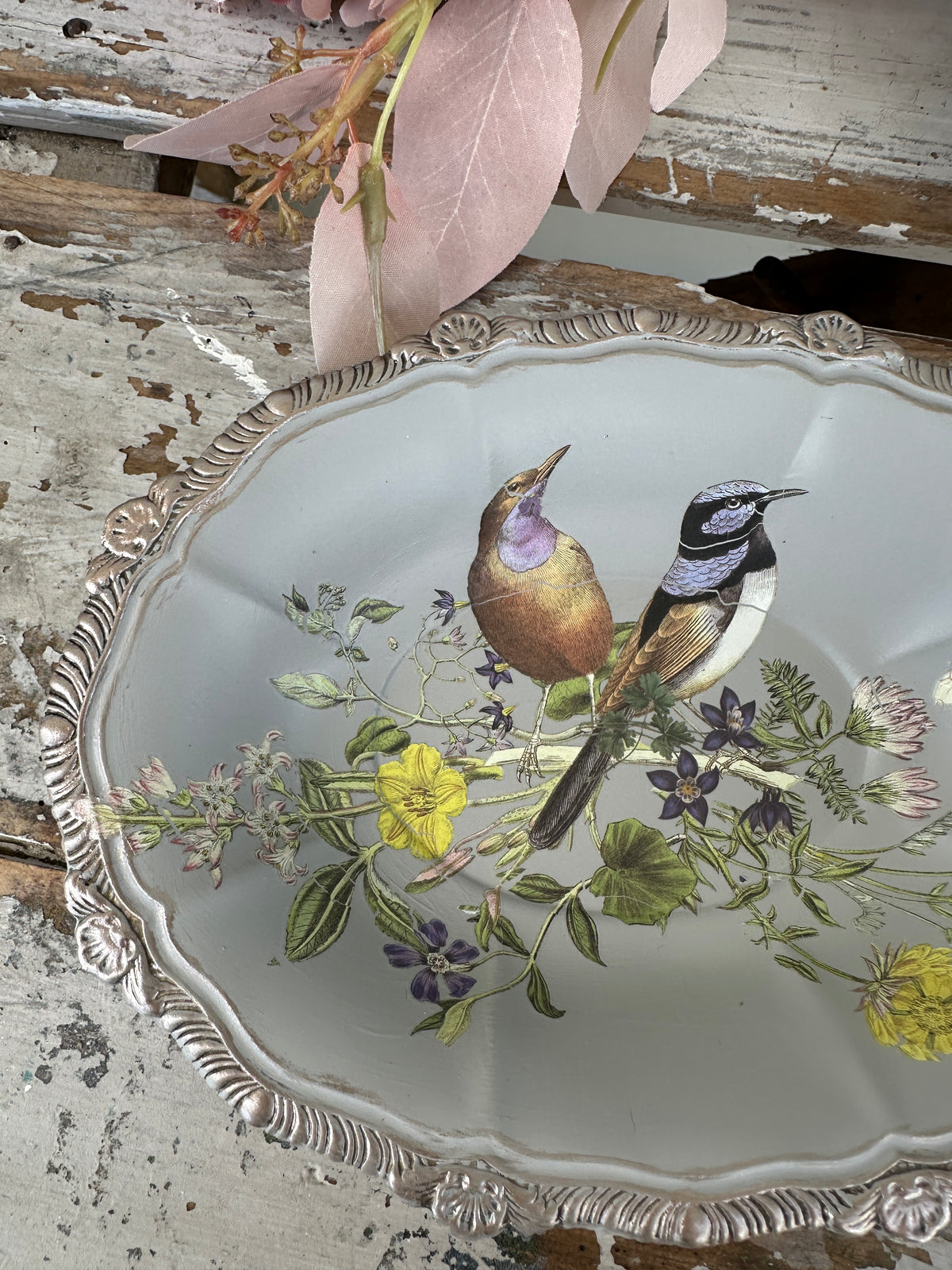 Birds & Bees painted silverware trinket bowl