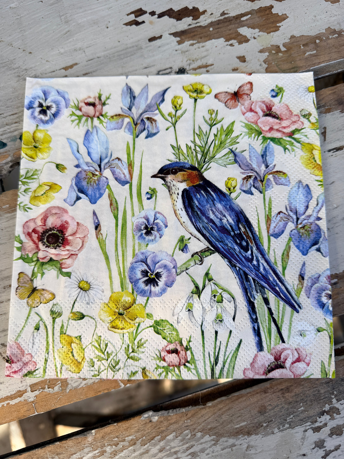 Spring Blossoms & Blue Bird Cream Napkin for Decoupage