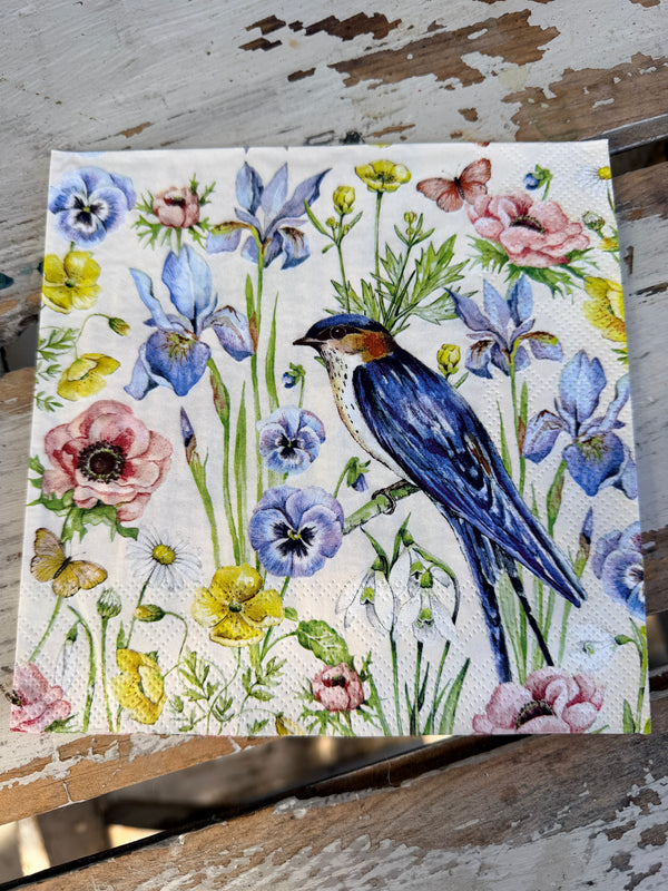 Spring Blossoms & Blue Bird Cream Napkin for Decoupage