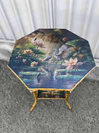 Decorative table withT wo white egrets among pink lotus flowers in a pond with a misty background. Lotus Serenade Mulberry Decoupage Paper