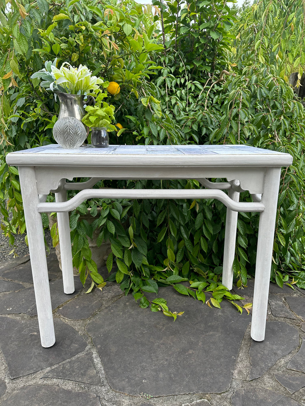 Chunky hall table in white rustic paintwork with tile decoupage top