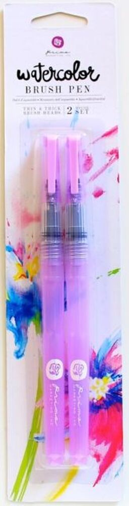 Two watercolor brush pens in pink packaging with colorful watercolor design on background