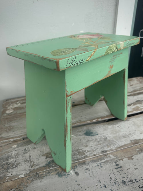 Bright Green wood riser stool with IOD roses TRANSFER 