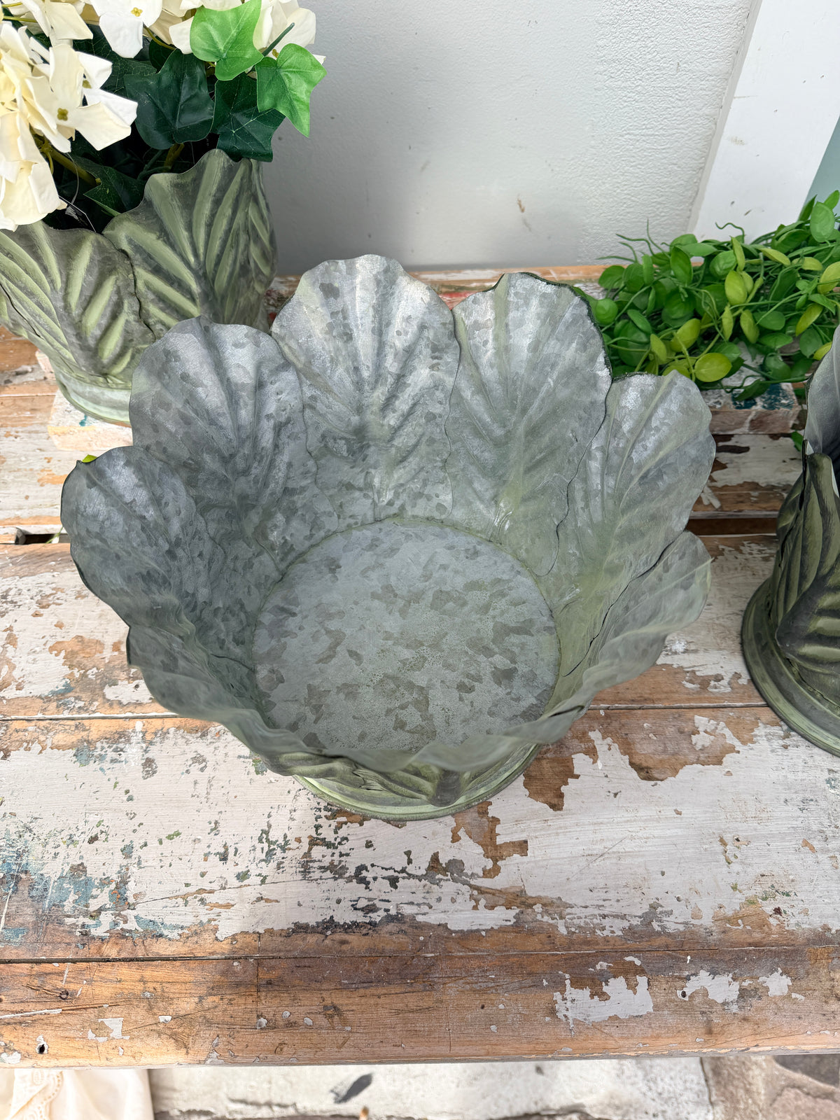  galvanised metal leaf planters 