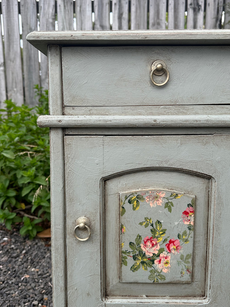 Rustic Duck Egg Bedside table with floral touch - PAINT ME VINTAGE NZ