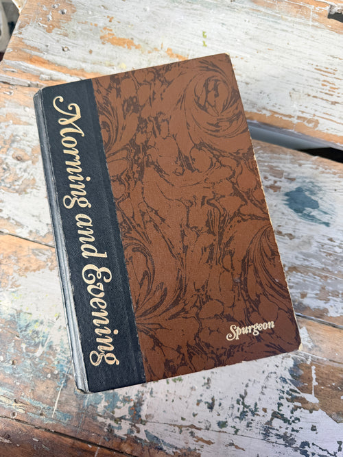 Brown book with decorative cover and 'Morning and Evening' text on a rustic wooden surface