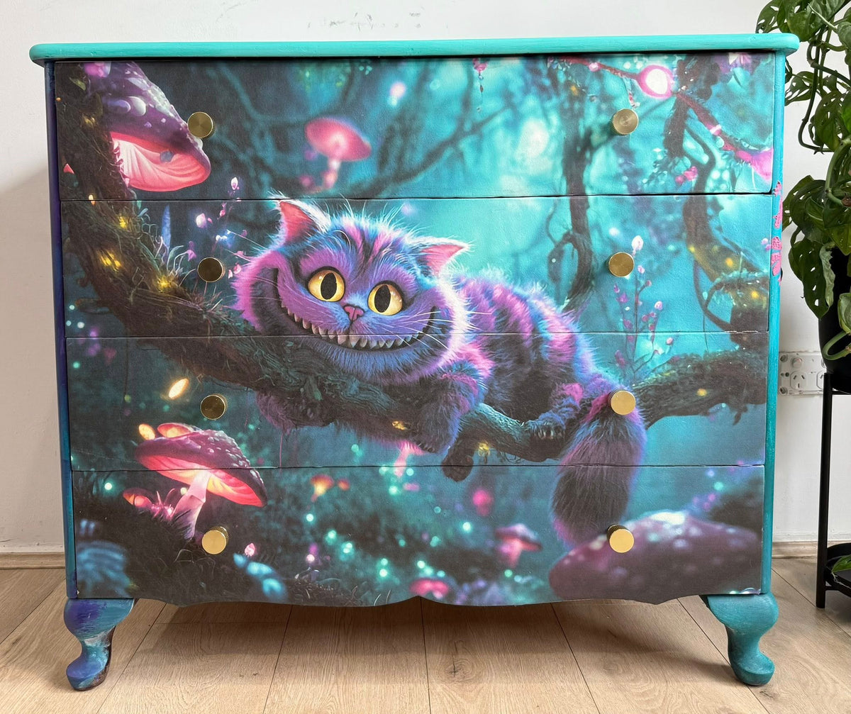 Colorful Alice in wonderland cheshire cat in a fantasy forest with glowing mushrooms