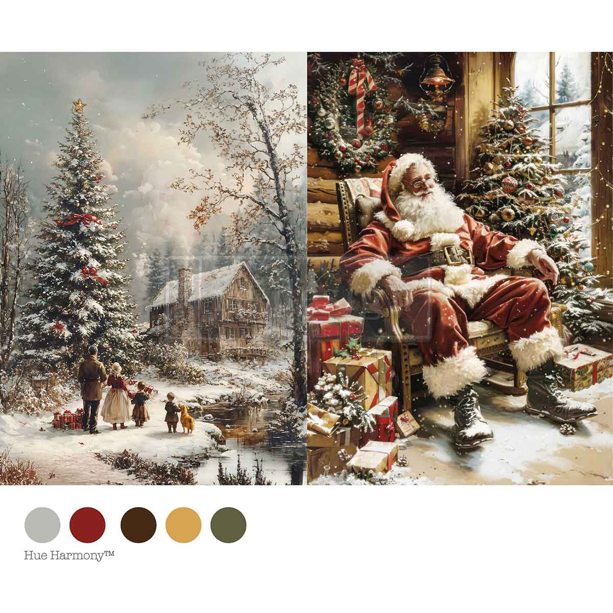 Two Christmas-themed scenes with Santa Claus and a snowy landscape, accompanied by color swatches. Silent Night Stories Tissue Paper for Decoupage A4 1 sheet