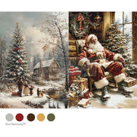 Two Christmas-themed scenes with Santa Claus and a snowy landscape, accompanied by color swatches. Silent Night Stories Tissue Paper for Decoupage A4 1 sheet