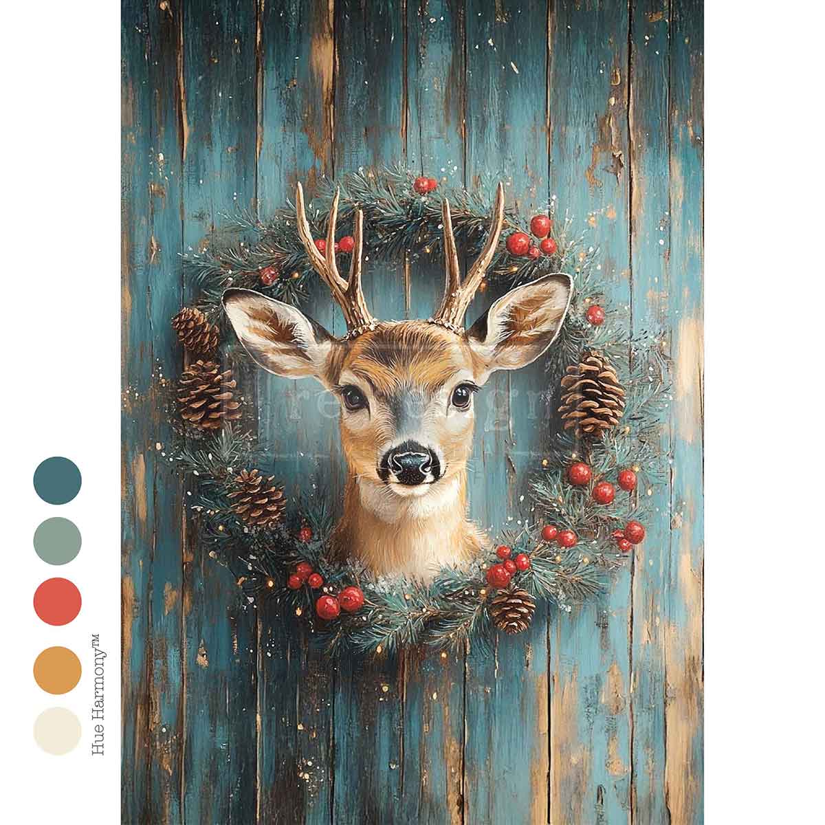 Deer head surrounded by foliage and berries on a wooden background. Jingle Jungle Mulberry Tissue Paper for Decoupage A4 1 sheet