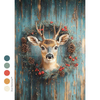 Deer head surrounded by foliage and berries on a wooden background. Jingle Jungle Mulberry Tissue Paper for Decoupage A4 1 sheet