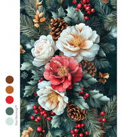 Winter's Grace Mulberry Tissue Paper for Decoupage A4 1 sheet. Decorative design with flowers, pine cones, and berries on a dark background