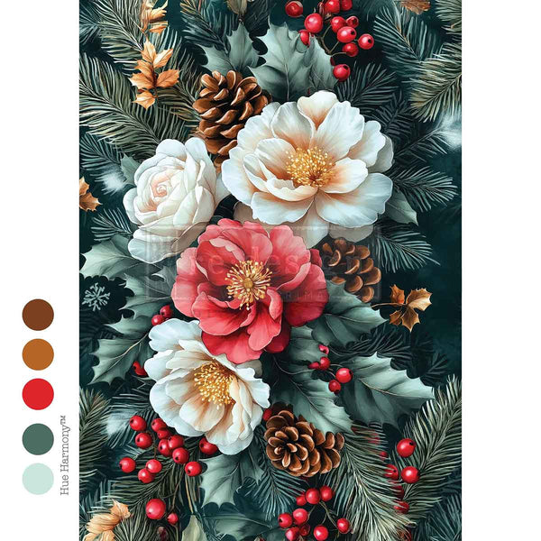 Winter's Grace Mulberry Tissue Paper for Decoupage A4 1 sheet. Decorative design with flowers, pine cones, and berries on a dark background