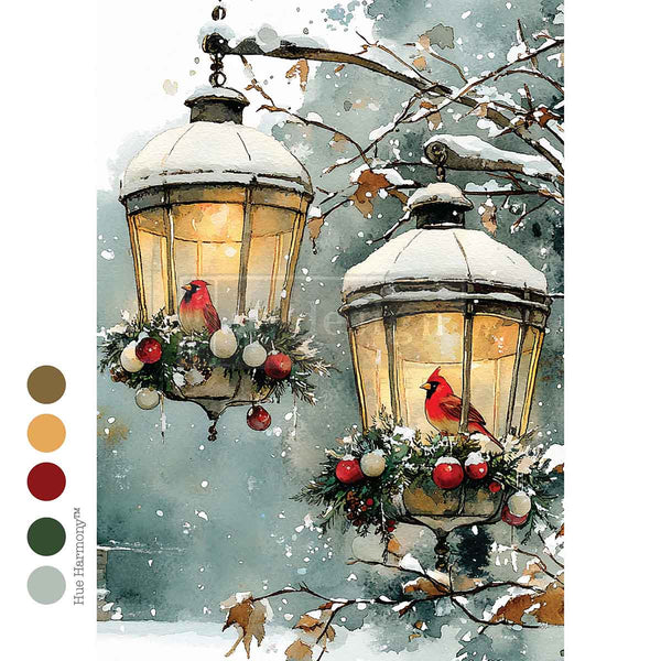 Cardinal Christmas Tissue Paper for Decoupage A4 1 sheet. Two snow-covered lanterns with red birds and ornaments against a snowy background