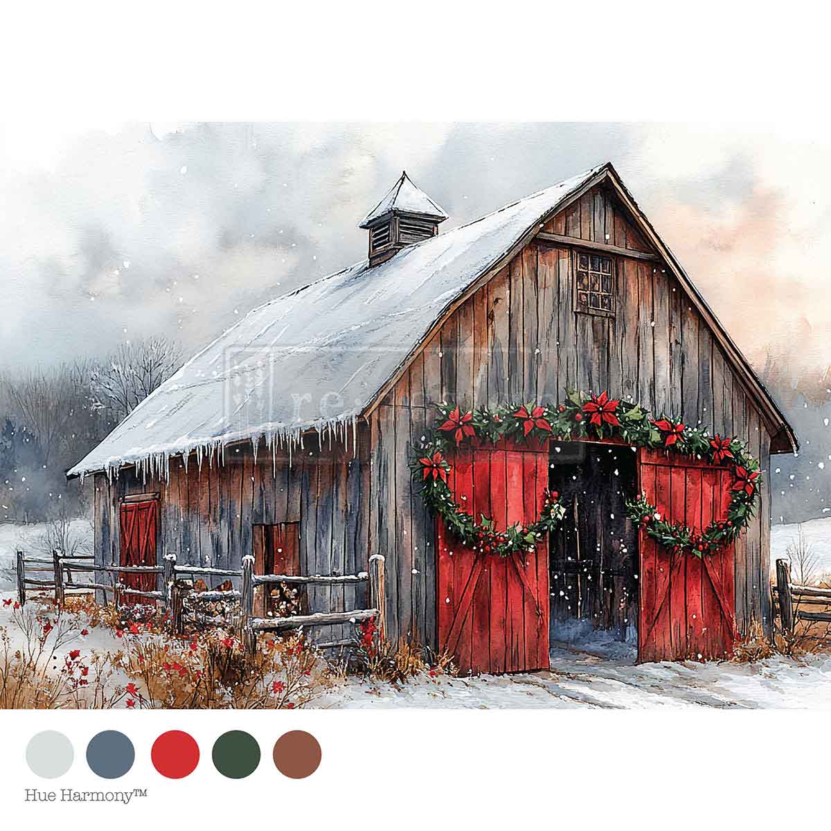 Cranberry Cabin Mulberry Tissue Paper for Decoupage A4 1 sheet. Wooden barn with red doors and festive decorations in a snowy landscape, featuring color swatches at the bottom.