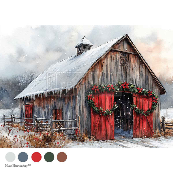 Cranberry Cabin Mulberry Tissue Paper for Decoupage A4 1 sheet. Wooden barn with red doors and festive decorations in a snowy landscape, featuring color swatches at the bottom.