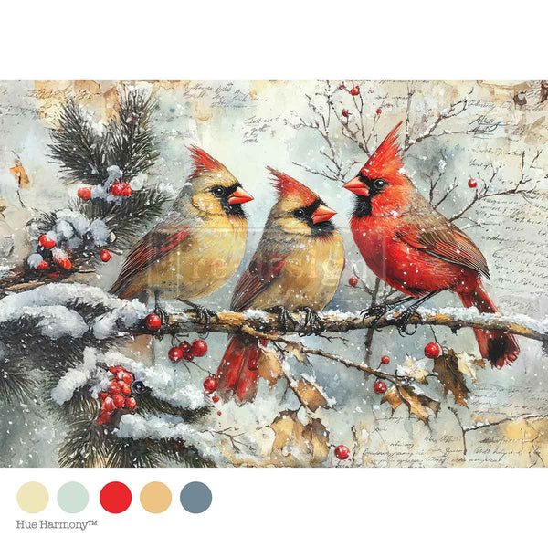 Three cardinals on a branch with snow and berries, featuring Hue Harmony color swatches. Crimson Noel Tissue Paper for Decoupage A4 1 sheet