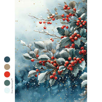 Frosted Boughs & Berries Mulberry Tissue Paper for Decoupage A4 1 sheet. Decorative illustration of holly berries and leaves with a snowy background