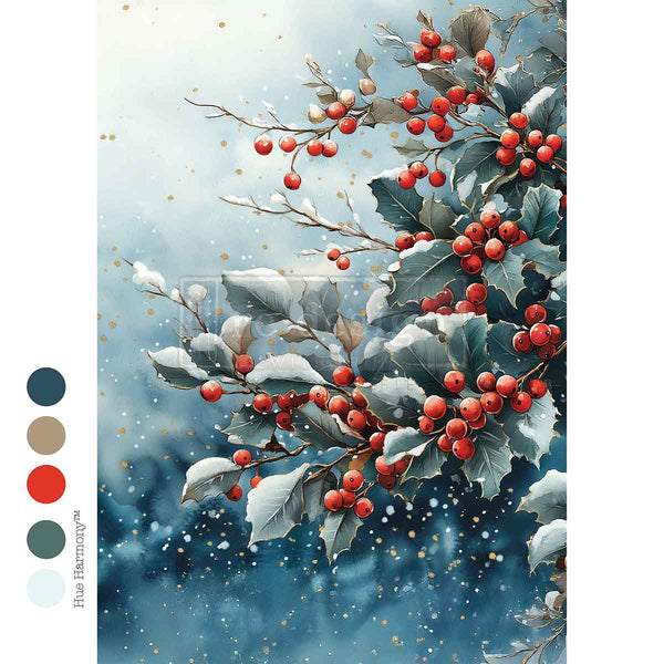 Frosted Boughs & Berries Mulberry Tissue Paper for Decoupage A4 1 sheet. Decorative illustration of holly berries and leaves with a snowy background