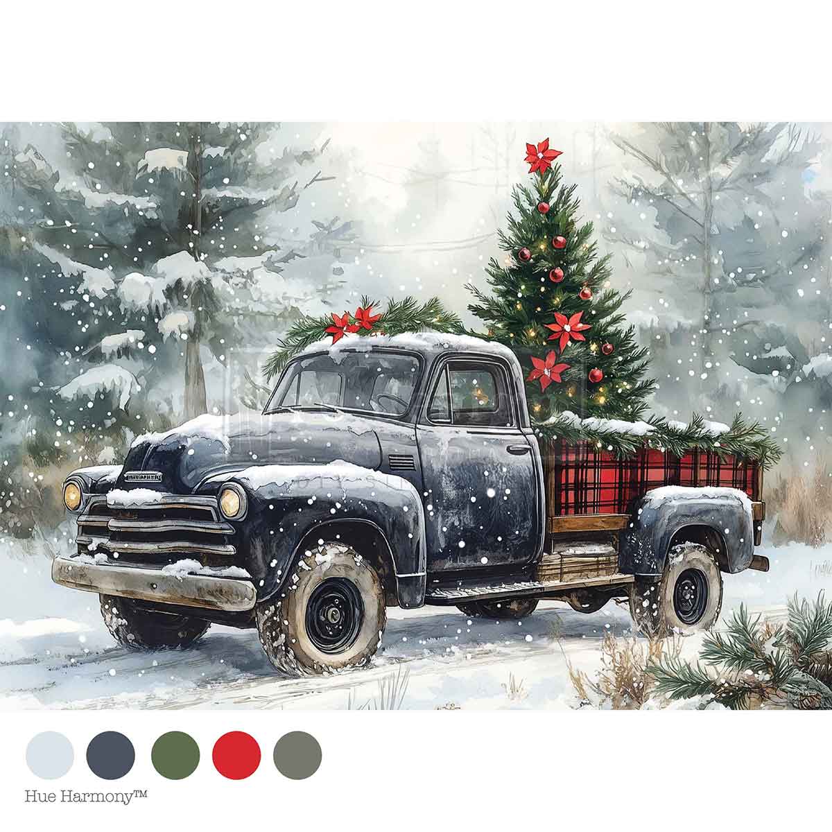 Vintage truck with Christmas tree in a snowy landscape. Country Pines Delivery Mulberry Tissue Paper for Decoupage A4 1 sheet