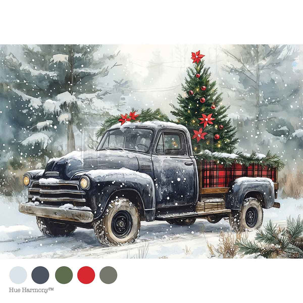 Vintage truck with Christmas tree in a snowy landscape. Country Pines Delivery Mulberry Tissue Paper for Decoupage A4 1 sheet