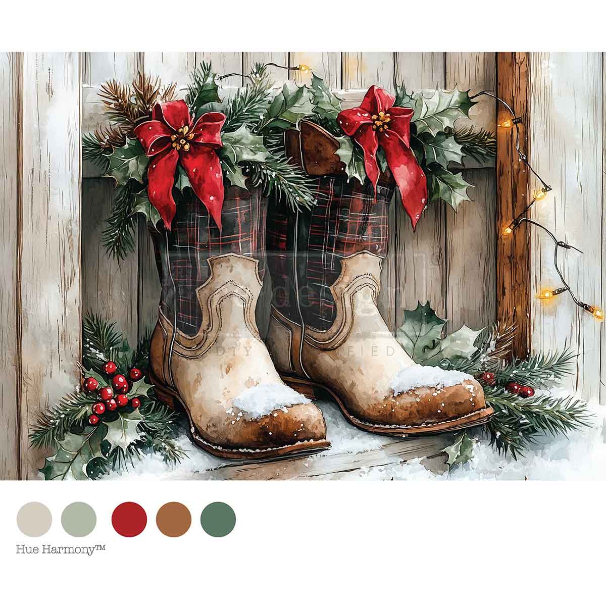 Pair of rustic cowboy boots with plaid pattern, surrounded by Christmas decorations on a wooden background. Farmhouse Noel Mulberry Tissue Paper for Decoupage A4 1 sheet