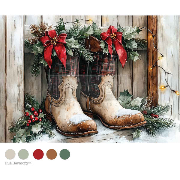 Pair of rustic cowboy boots with plaid pattern, surrounded by Christmas decorations on a wooden background. Farmhouse Noel Mulberry Tissue Paper for Decoupage A4 1 sheet