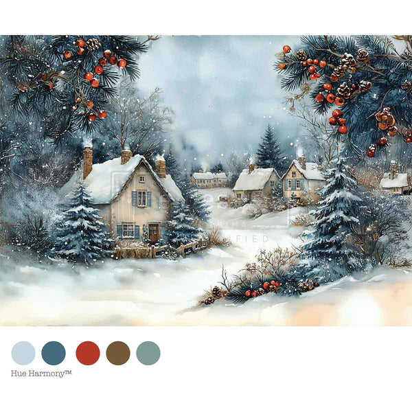 Winter Hearth Mulberry Tissue Paper for Decoupage A4 1 sheet. Winter scene with houses and trees in a snowy landscape, featuring a color palette at the bottom.