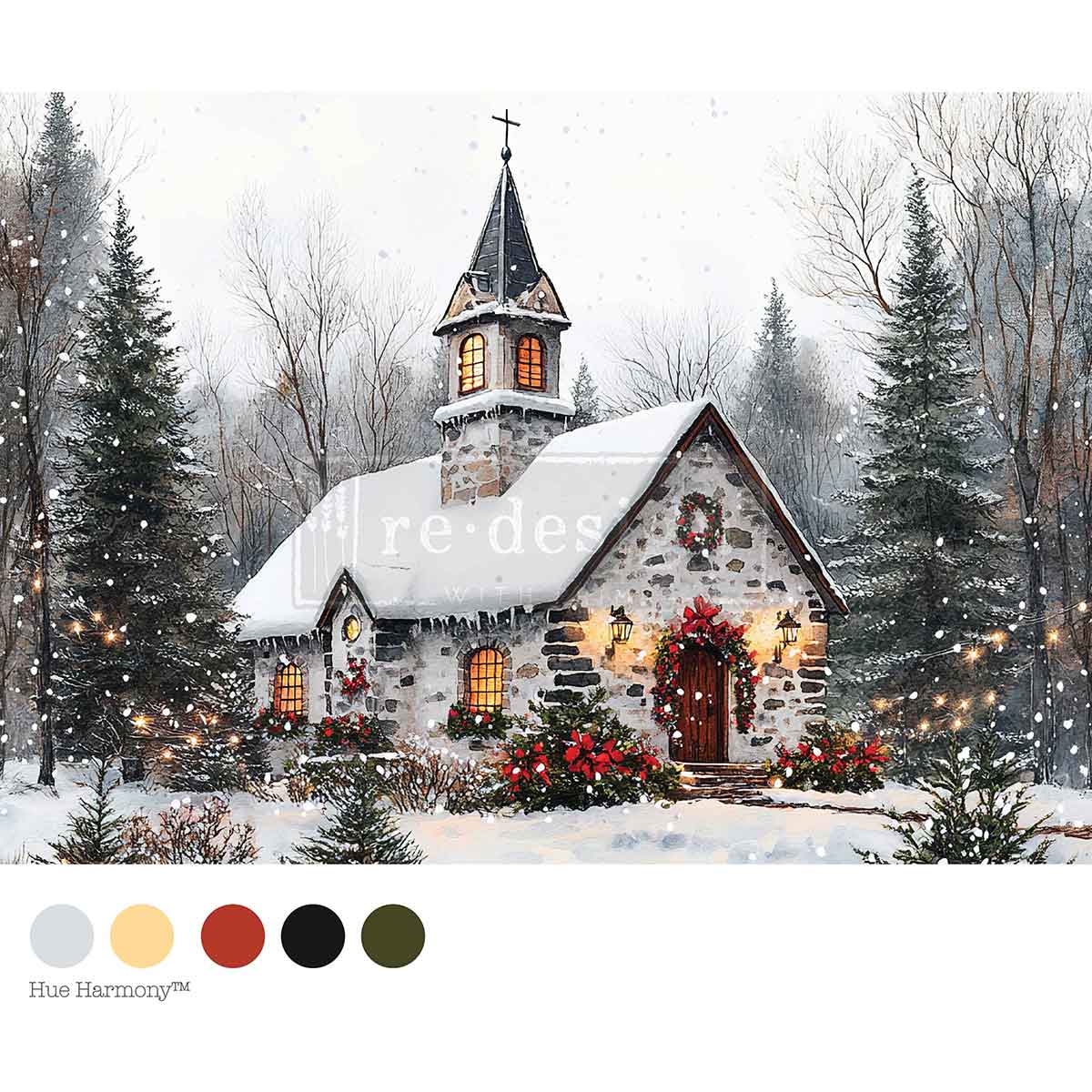 Cozy Barn Blessings Mulberry Tissue Paper for Decoupage A4 1 sheet. Snow-covered church with festive decorations in a winter landscape, featuring a color palette at the bottom.