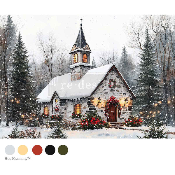 Cozy Barn Blessings Mulberry Tissue Paper for Decoupage A4 1 sheet. Snow-covered church with festive decorations in a winter landscape, featuring a color palette at the bottom.