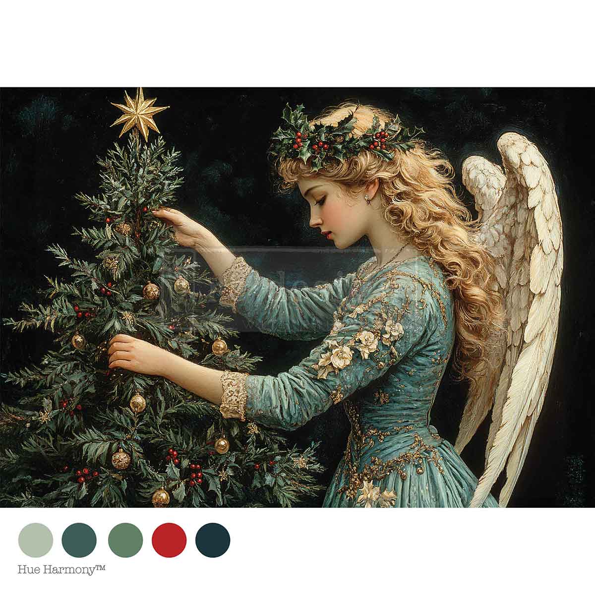 Angel decorating a Christmas tree with a star on top, surrounded by festive colors. Merry & Majestic Mulberry Tissue Paper for Decoupage A4 1 sheet
