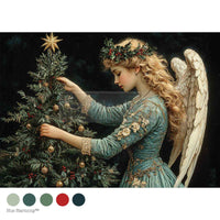 Angel decorating a Christmas tree with a star on top, surrounded by festive colors. Merry & Majestic Mulberry Tissue Paper for Decoupage A4 1 sheet