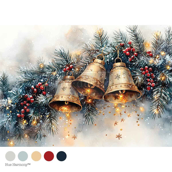 Decorative image of three gold bells hanging among Christmas trees and lights on a white background. Belle of the Season Mulberry Tissue Paper for Decoupage A4 1 sheet