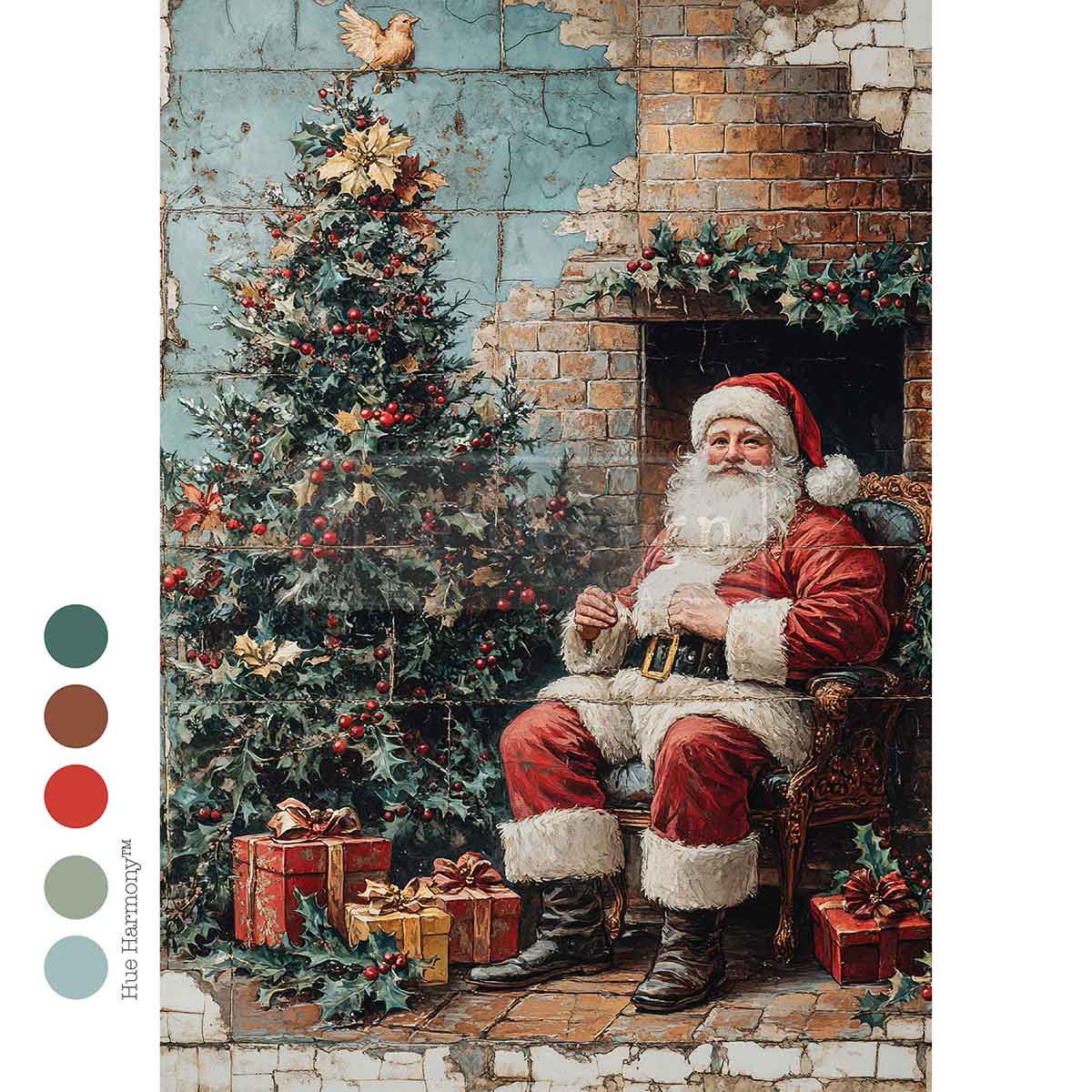 Cozy Claus Corner Mulberry Tissue Paper for Decoupage A4 1 sheet. Vintage-style painting of Santa Claus sitting by a fireplace with a Christmas tree and presents.