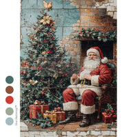 Cozy Claus Corner Mulberry Tissue Paper for Decoupage A4 1 sheet. Vintage-style painting of Santa Claus sitting by a fireplace with a Christmas tree and presents.