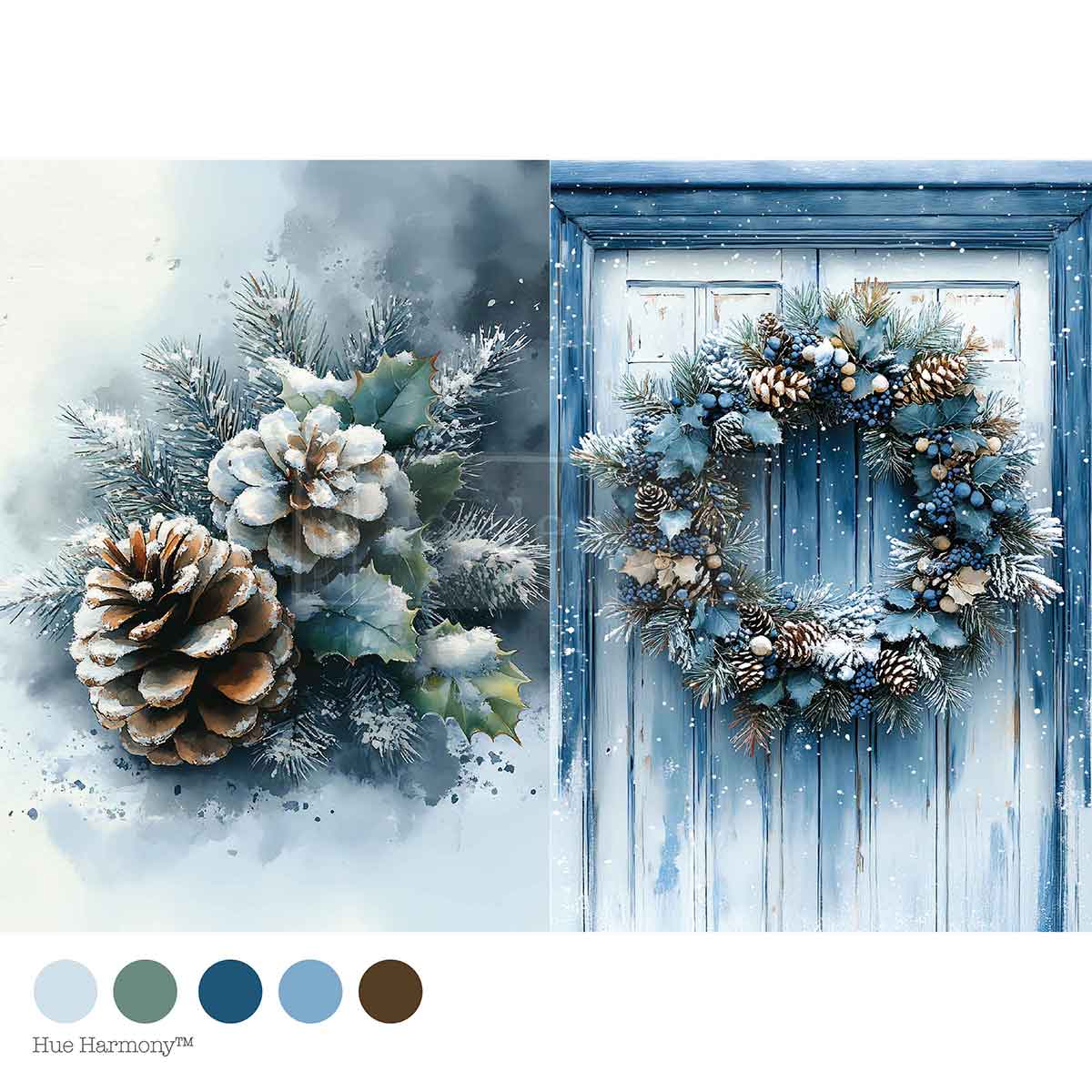 Wreath of Whispers Mulberry Tissue Paper for Decoupage A4 1 sheet. Decorative winter wreath with pinecones and snowy elements on a blue door, with color swatches below.