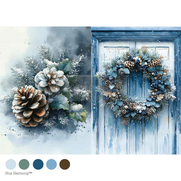 Wreath of Whispers Mulberry Tissue Paper for Decoupage A4 1 sheet. Decorative winter wreath with pinecones and snowy elements on a blue door, with color swatches below.