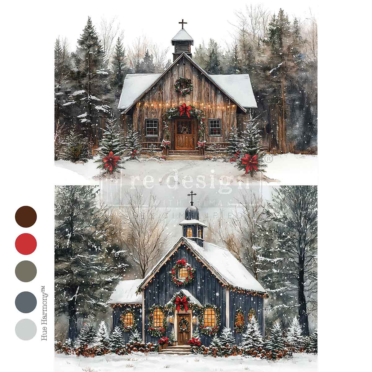 Christmas in the Woods Mulberry Tissue Paper for Decoupage A4 1 sheet. Wooden church in a snowy forest with Christmas decorations, surrounded by trees.