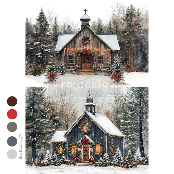 Christmas in the Woods Mulberry Tissue Paper for Decoupage A4 1 sheet. Wooden church in a snowy forest with Christmas decorations, surrounded by trees.