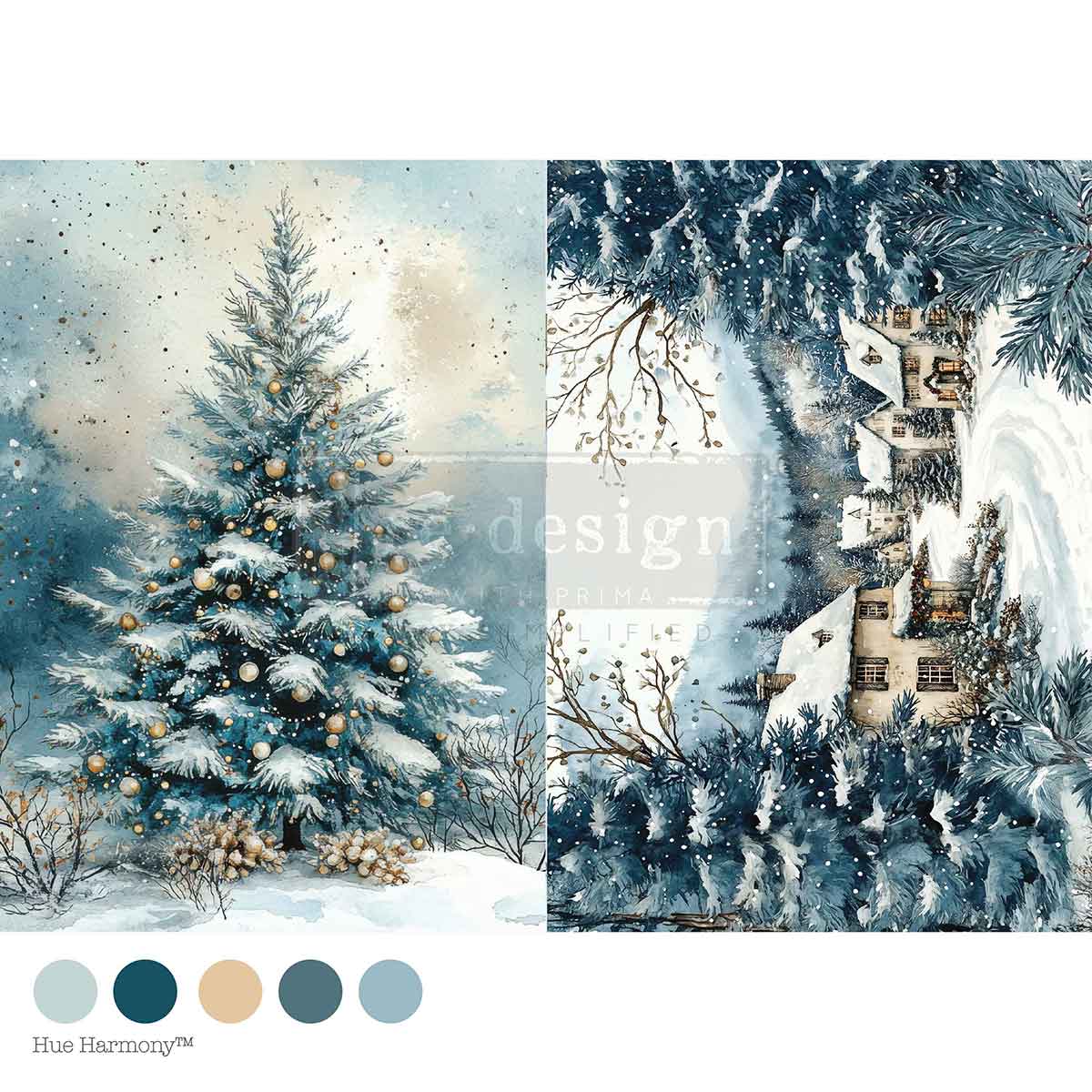 Winter scene with decorated tree and snowy landscape, featuring a castle. Silent Night Sparkle Mulberry Tissue Paper for Decoupage A4 1 sheet