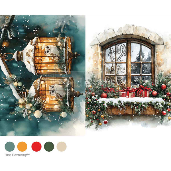 Noel Night Owl Tissue Paper for Decoupage A4 1 sheet. Decorative scene with a lit lantern and a window with Christmas decorations.