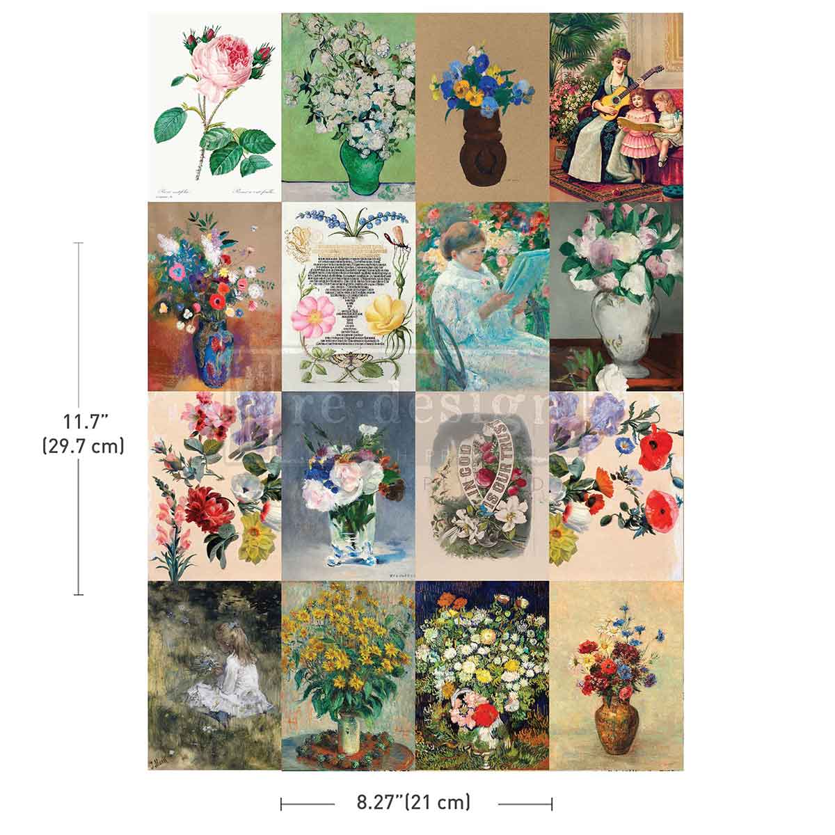 Redesign with Prima transfer A4 Floral Ambiance. Collage of vintage-style floral illustrations with measurements on a white background
