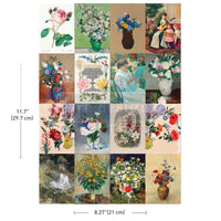 Redesign with Prima transfer A4 Floral Ambiance. Collage of vintage-style floral illustrations with measurements on a white background
